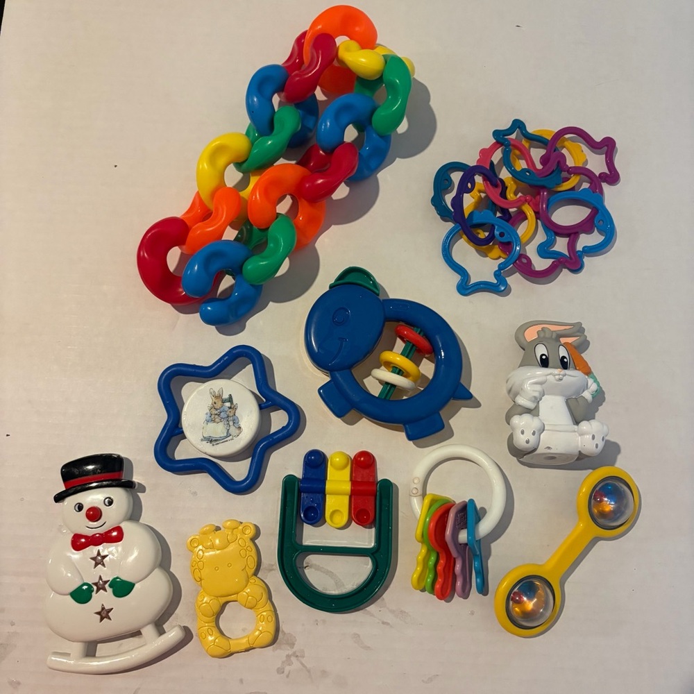 Colorful Vintage Baby Toy Set Lot with Rattles and Links Multiple Brands